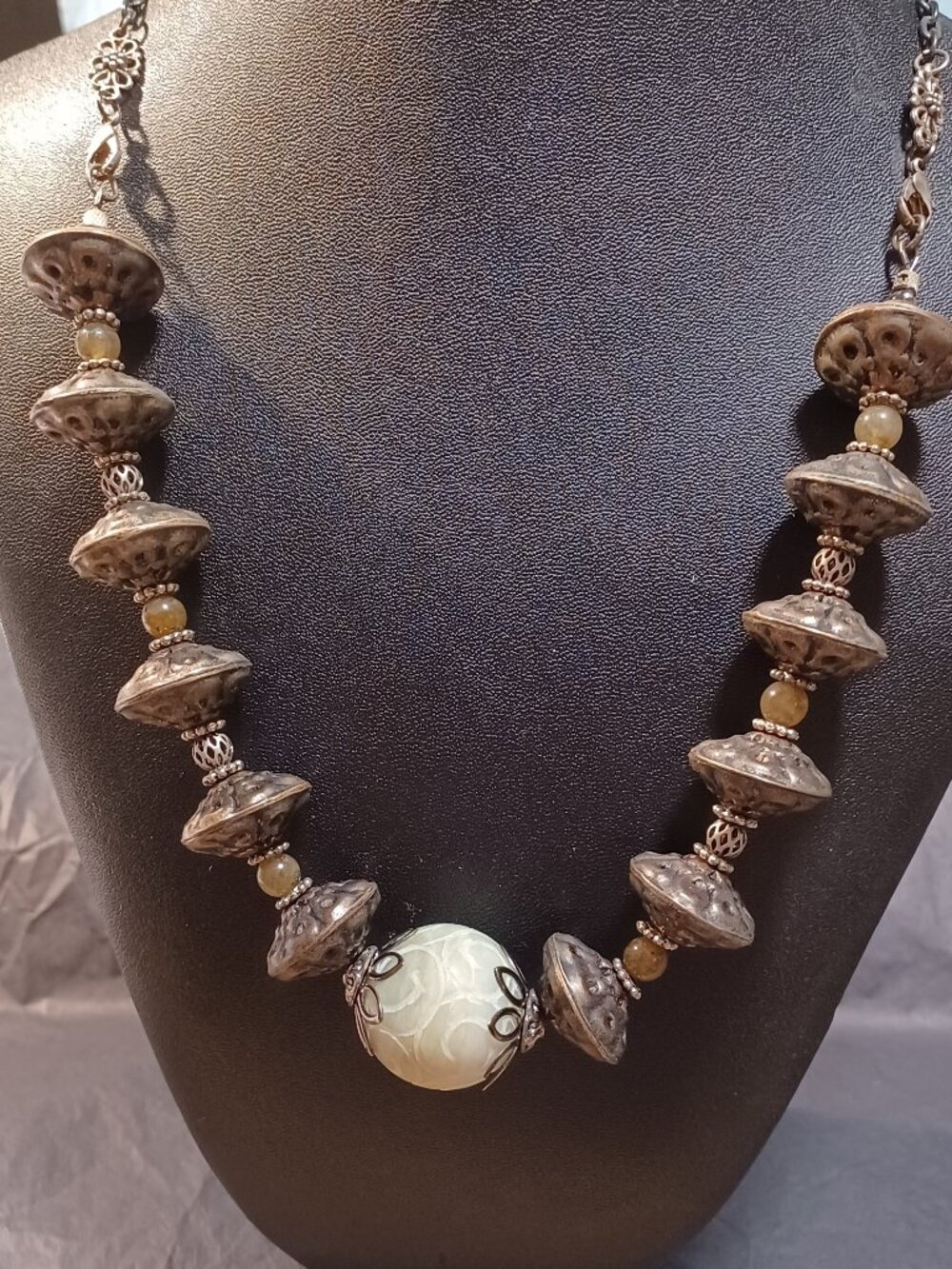 "Heavy Metal" Necklace with Large Carved Focal bead